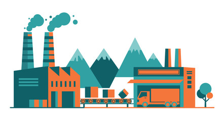 Industrial complex illustration manufacturing logistics and pollution with mountains backdrop