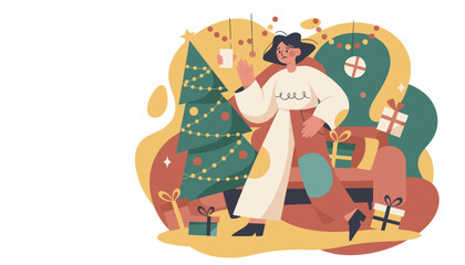 Overwhelmed woman suffering from holiday stress or depression flat modern illustration