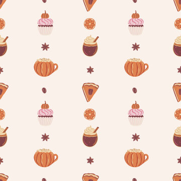 Delicious seamless vector pattern with pumpkin spice lattes, pie slice, cupcake, and star anise. Hand drawn fall desserts and hot drinks. Cozy autumn food background. Perfect for cafe branding