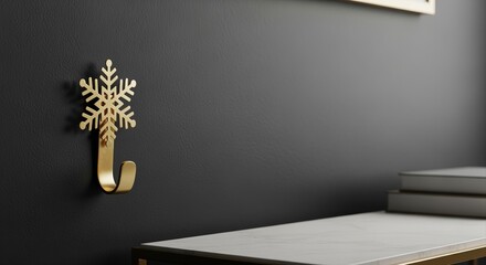 gold snowflake hook on black wall in modern interior with wooden desk and books
