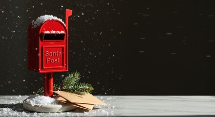festive santa mailbox with christmas cards and snow, holiday season greeting card background