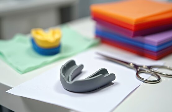 Custom sports mouthguard on white paper. Dental equipment with scissors and colored plastic materials. Dental care and protection concept. Close up of dental mold on table.