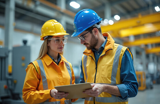 Industrial engineers discuss project plan on clipboard in factory. Man and woman colleagues in hard hats, vests collaborate at plant. Supervisor and worker check work together in warehouse.