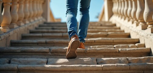 Person walks up stone stairs. They wear jeans and brown shoes. The photo conveys progress aspiration and success. It is a symbol of achievement goal and upward movement.