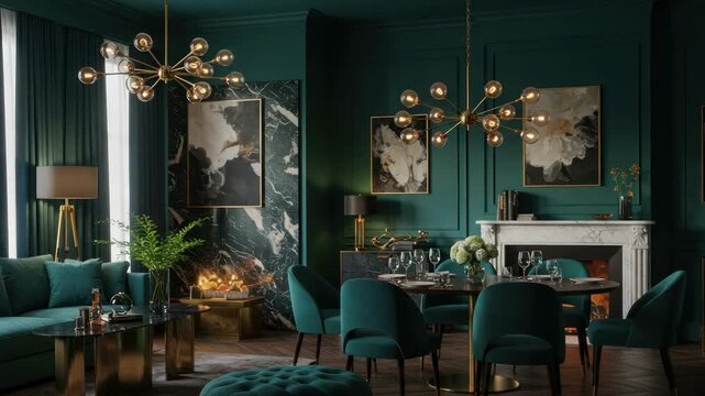 Elegant interior design with emerald green and gold accents