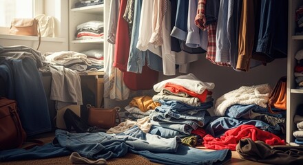 cluttered closet with clothes on floor and hanging neatly in sunlight creating cozy atmosphere