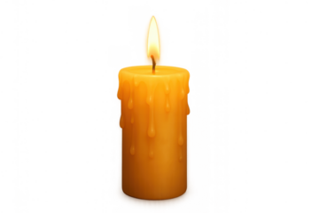 Yellow candle burning, dripping wax, soft flame creating light, warmth, and peace, on a transparent background