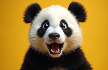 Fototapeta premium Close-up of panda with shocked expression. Panda bear has big eyes, open mouth and funny face. Isolated panda on yellow background looks surprised, cute and silly.