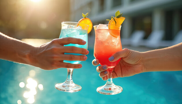 Attractive couple raises cocktails by swimming pool. Warm sunlight illuminates refreshing drinks with fruit garnish. Enjoy summer leisure at luxury resort spa. Image conveys relaxation, joyful