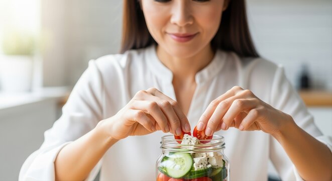 asian woman preparing fresh salad with feta cheese and cherry tomatoes in a modern kitchen - Powered by Adobe