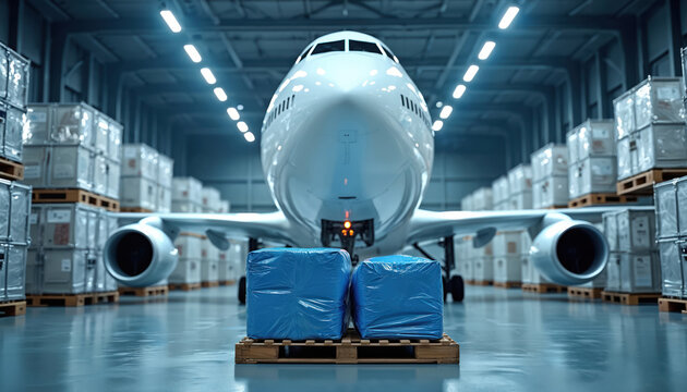 Large white cargo plane in warehouse with blue wrapped cargo on pallet in foreground. Aircraft is surrounded by stacks of boxes on pallets. Logistics and transportation of goods.