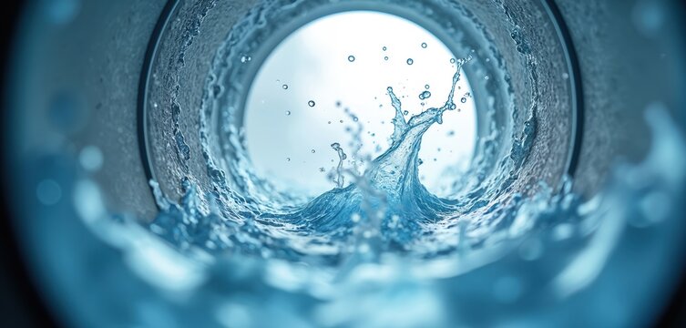 Clean blue water splashes inside washing machine drum industrial pipe. Liquid swirls in spinning metal centrifuge. Dynamic macro view of fluid motion creating fresh waves, drops, bubbles during