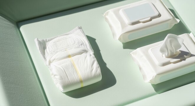 baby diaper and wet wipes on light green background in soft daylight for childcare routine