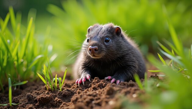 Close up photo of mole in garden. Cute small mammal with dark fur and pink claws. Animal in the green grass. Wildlife in natural eco environment.