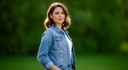 Woman in denim jacket standing in nature