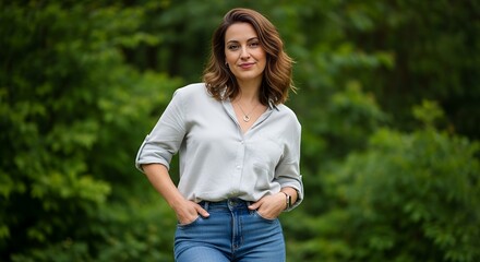Woman with Hands in Pockets in Outdoor Setting