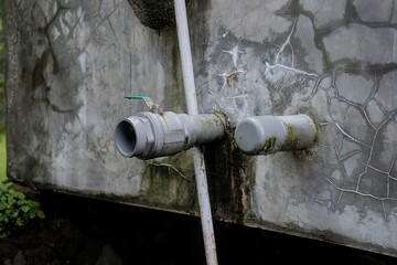 Exterior of concrete water tank with pipes and valve in rural setting