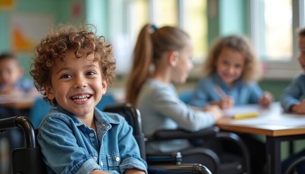 Young curly haired boy in wheelchair smiles in classroom. Children of different abilities learn together in inclusive education setting. Students sit at desks, work on tasks with adaptive tools.