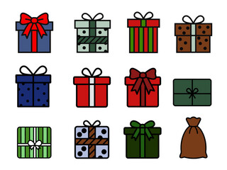 A group of gifts with ribbons and various patterns on a white background