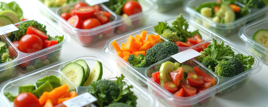Close up photo of fresh vegetables in containers. Healthy meal prep with tomatoes cucumbers broccoli carrots and lettuce. Smart label on food packaging shows nutritional info
