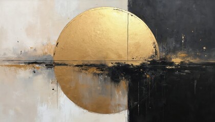 Abstract art illustration with gold circle element. Gold and black colors create luxury mood. Artistic design for interior decor. Modern painting suitable for hotel restaurant decor or design