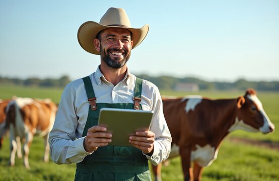 Farmer with beard wears cowboy hat and overalls holds tablet computer. Smiling man works on dairy farm with cows grazing in green meadow. Agriculture tech, business, healthy food production.