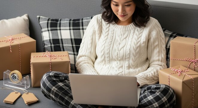 asian woman shopping online for gifts during the holiday season in cozy living room