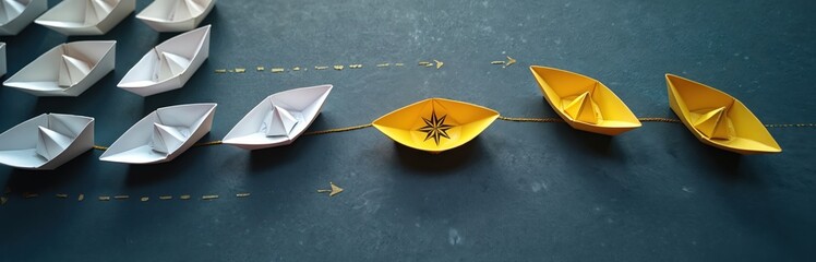 Yellow paper boat with compass leads team, changing direction away from crowd. Innovative leader navigates different path with clear vision, business concept for strategy, opportunity, finding unique