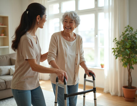 Asian granddaughter helps senior grandmother walk with support frame at home. Cheerful young woman caregiver assists old lady with mobility aid. Elderly patient smiles during physical therapy, rehab.