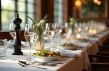 Fototapeta premium Elegant restaurant table set for special dinner. Plates with fresh green salad, wine glasses, cutlery adorn white tablecloth. Floral decor, warm light create luxurious fine dining event ambience.