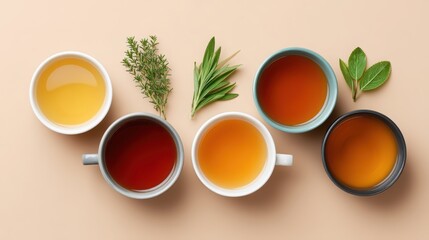 holiday gift for remote worker Five cups of various teas with herbs on a beige background, showcasing diverse colors and textures.