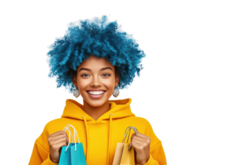 Bright Shopping Bags with Happy Shopper on Transparent Background