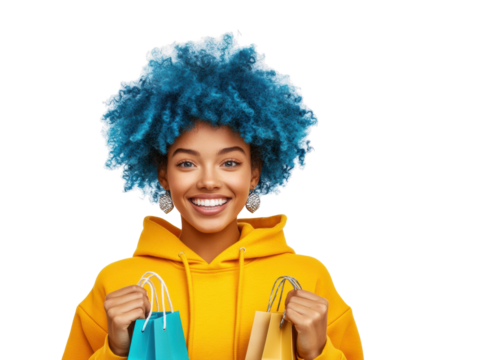 Bright Shopping Bags with Happy Shopper on Transparent Background