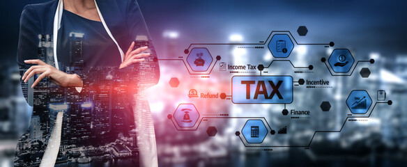 A professional woman stands confidently in front of a modern city skyline, overlayed with tax concepts, highlighting finance and planning in a dynamic digital environment. Tessel