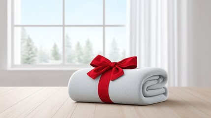 holiday gift for remote worker Cozy gray blanket tied with a red ribbon, placed on a wooden table near a window with a winter view.