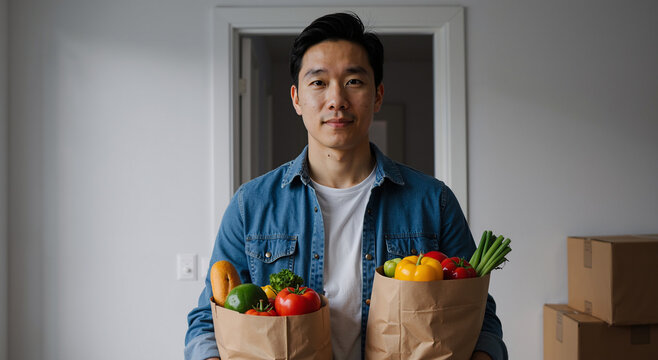 young asian man holding grocery bags filled with fresh vegetables in modern kitchen
