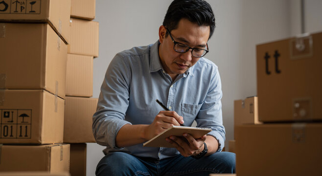 asian man inspecting and documenting cardboard boxes in warehouse setting with focus