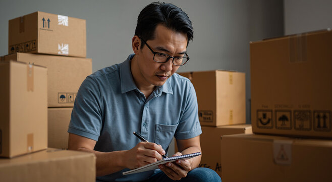 asian man reviewing inventory notes surrounded by cardboard boxes in a warehouse setting