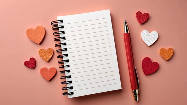 Romantic notepad arrangement with multicolored hearts and elegant pen on coral background