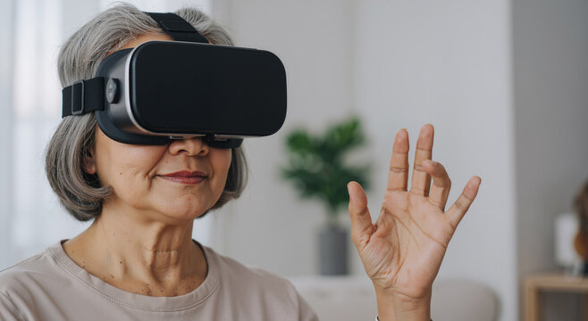 elderly asian woman experiencing virtual reality at home with vr headset on a relaxed day - Powered by Adobe