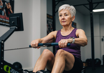 senior woman exercising on rowing machine in modern gym for active lifestyle and fitness
