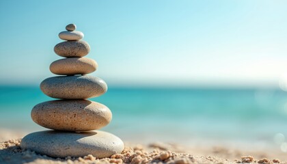 Stack of stones rests on sandy beach near calm blue ocean. Natural balance symbolizes serenity and peace. The scene evokes tranquility and mindfulness promoting wellbeing concepts.