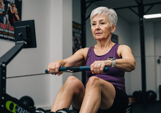 senior woman exercising on rowing machine in modern gym for active lifestyle and fitness