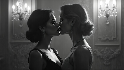 Two elegant women share intimate kiss in classic setting. Photo shows tender moment of female same-sex love. Romantic couple expresses affection indoors. Photo perfect for Valentine day LGBT content.