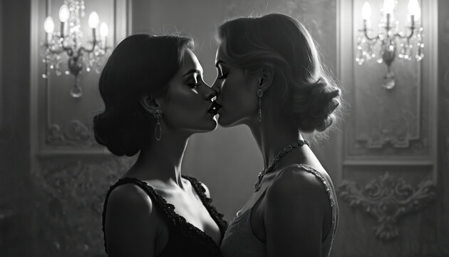 Two elegant women share intimate kiss in classic setting. Photo shows tender moment of female same-sex love. Romantic couple expresses affection indoors. Photo perfect for Valentine day LGBT content.
