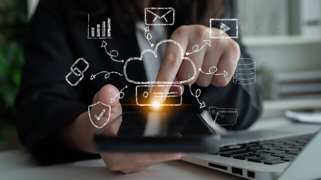 A hand drawn doodle of a cloud computing services ecosystem. A creative sketch of a network for data storage, sharing, and online applications. Motif