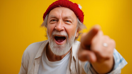 Playful senior with silver beard in red festive hat making exaggerated pointing gesture toward text space enthusiastic expression vibrant yellow background promotional discount