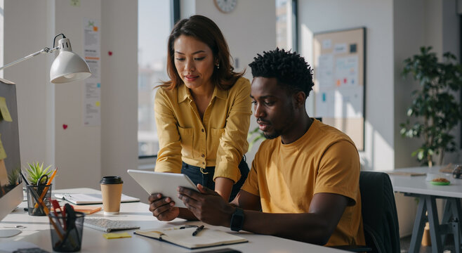 young professionals collaborating on digital tablet in modern office setting with natural light