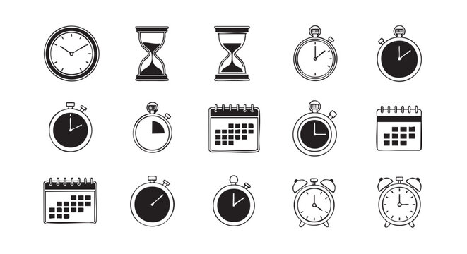 Time related icons clock hourglass stopwatch and calendar symbols illustration