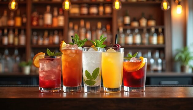 Variety of colorful cocktails in glasses with garnishes. Drinks stand on bar counter against bar background. Refreshing beverages with fruit and ice. Focus on glasses of cocktails.